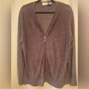 Chico’s Travelers chocolate brown sparkling zip up hoodie. Size XL Like New